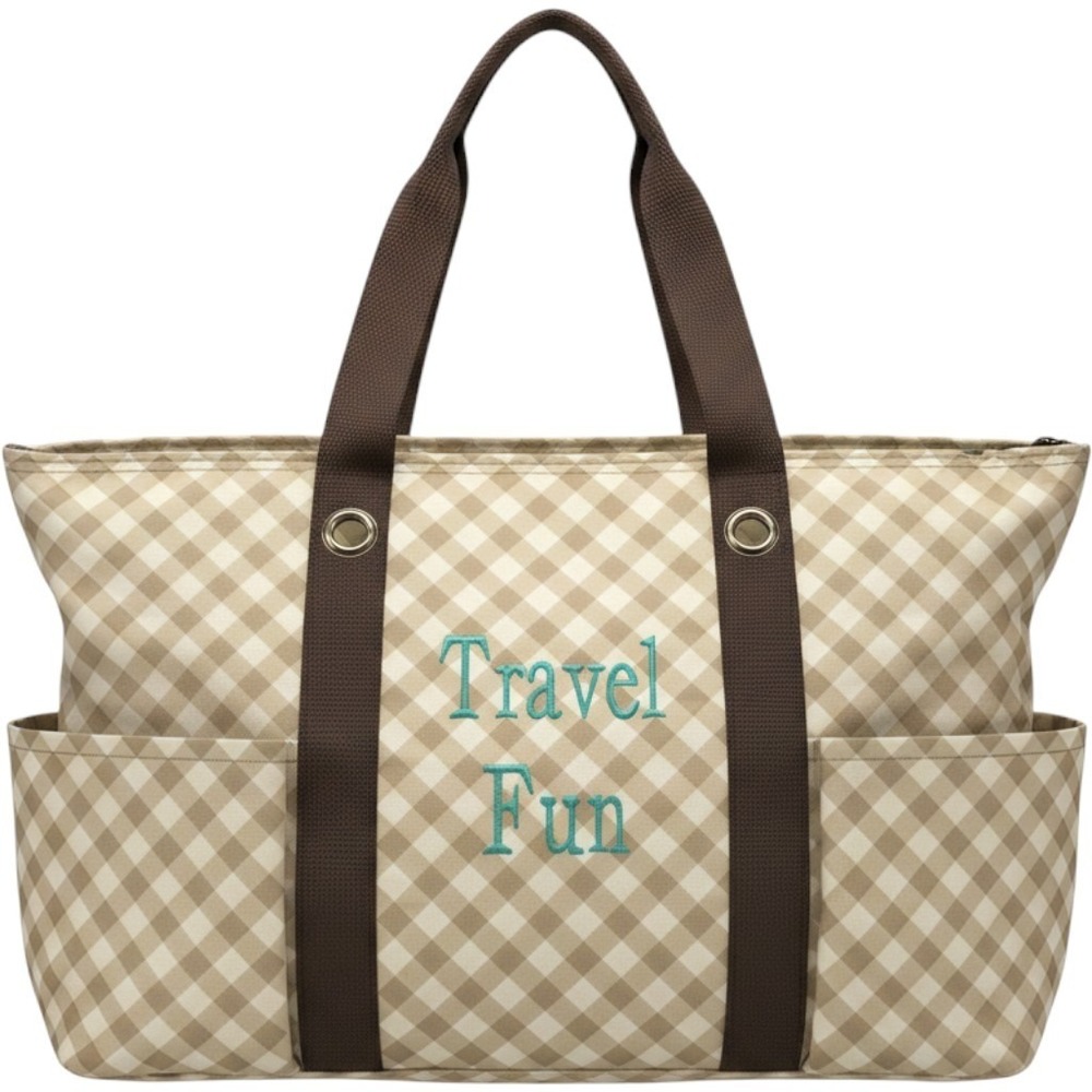 Thirty One Zip Top Organizing Utility Tote Embroidered Travel Fun Gingham Taupe